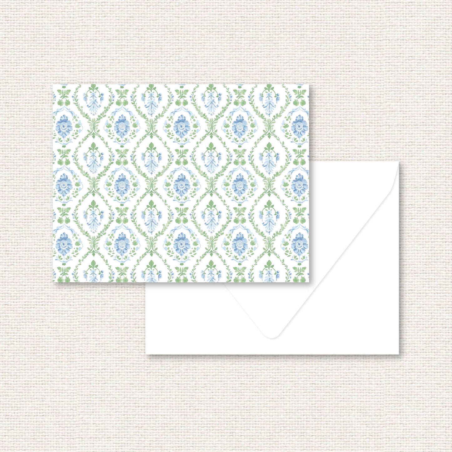The Vera Suite standard note card, a grand-millennial pattern of a blue floral damask with greenery