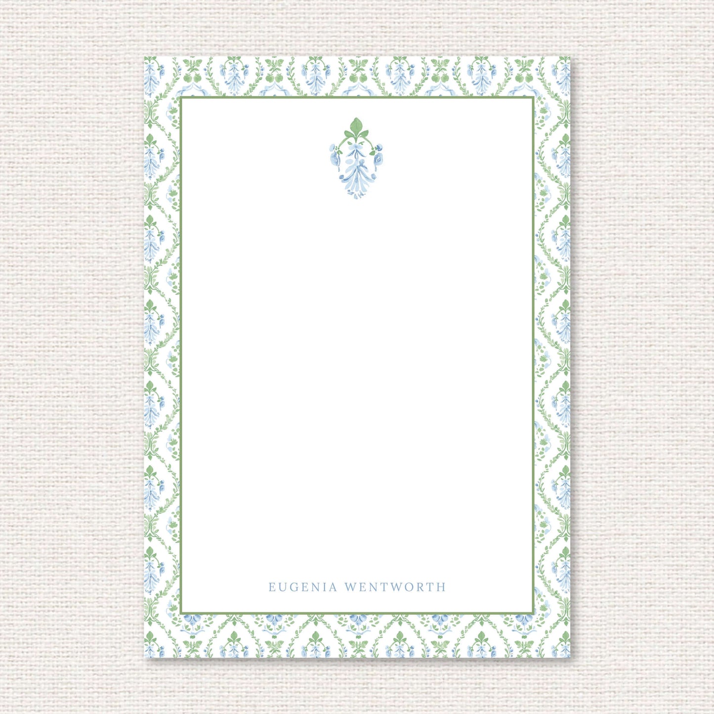 The Vera Suite personalized notepad, a grand-millennial pattern of a blue floral damask with greenery