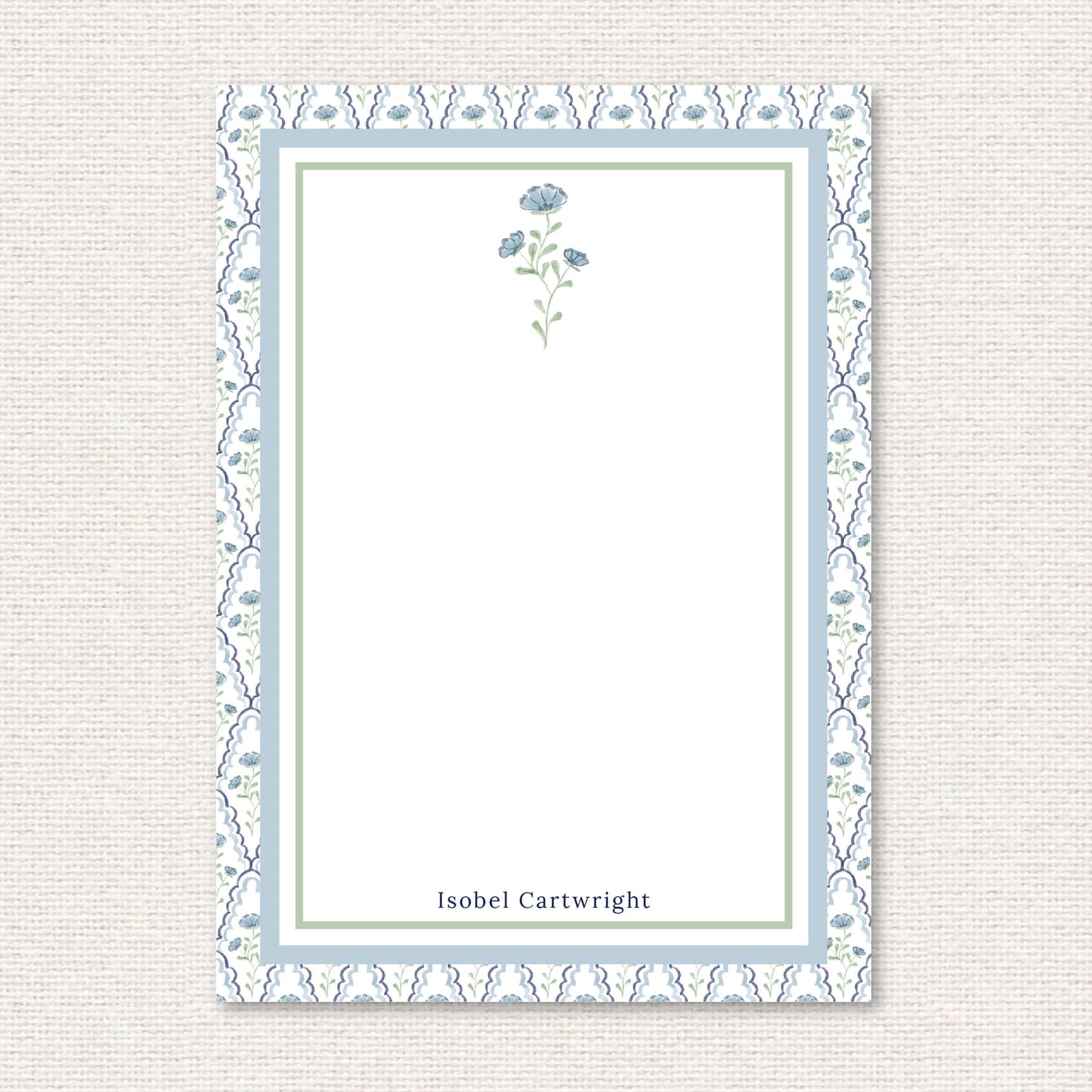 The Estelle Suite personalized notepad, a grand-millennial pattern of blue flowers with scalloped lattice