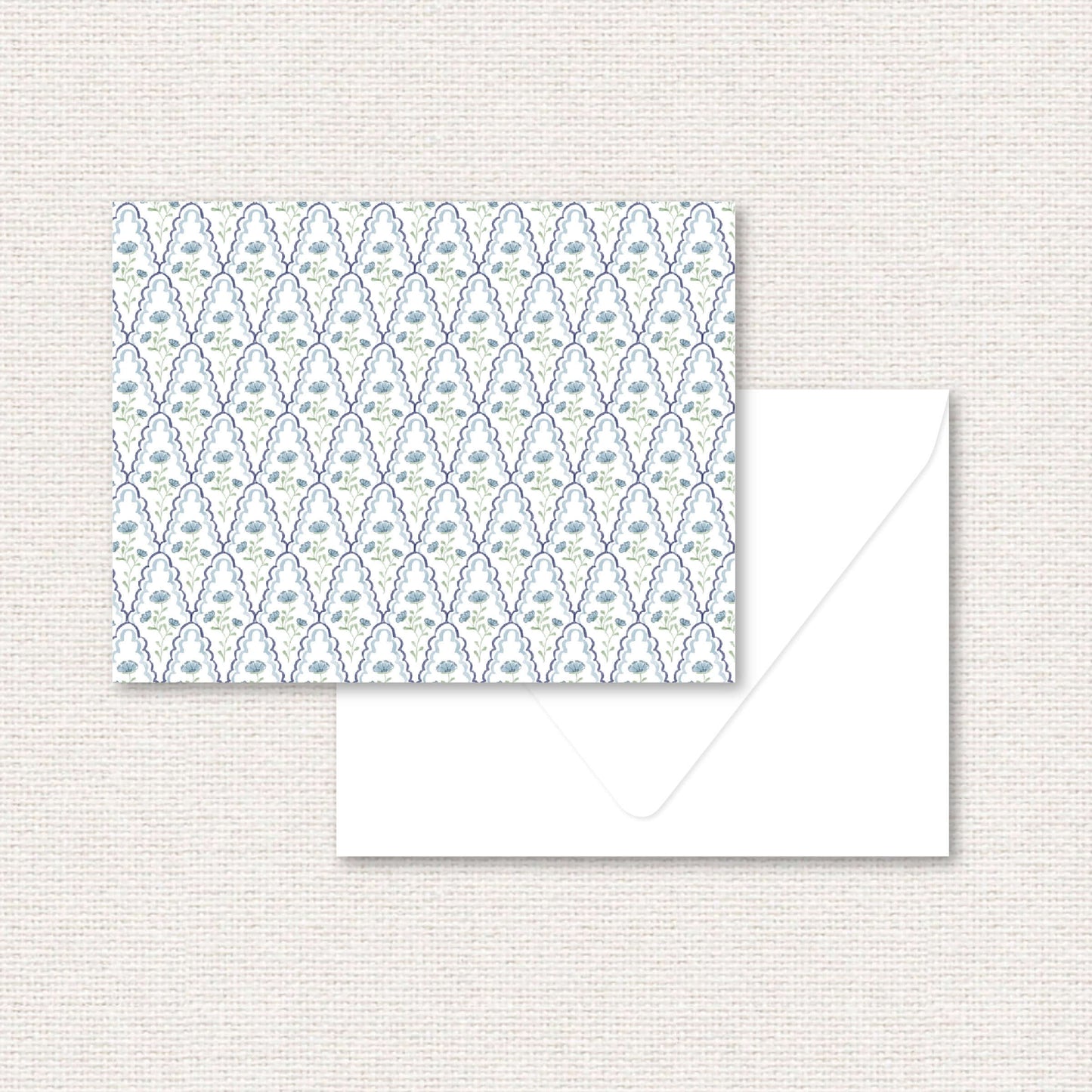 The Estelle Suite standard note card, a grand-millennial pattern of blue flowers with scalloped lattice