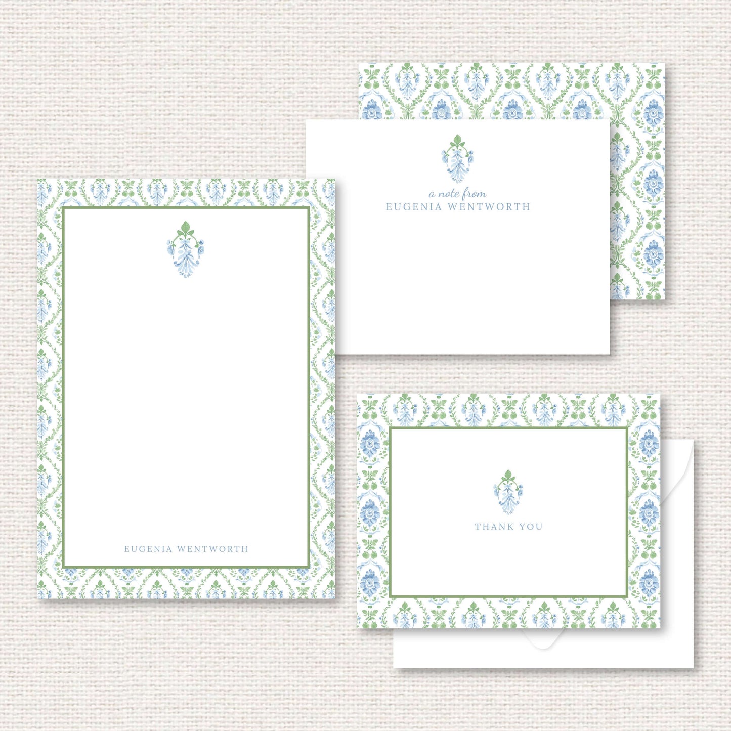 The Vera Suite gift set includes a grand-millennial pattern applied to a personalized notepad, personalized flat not, and thank you cards