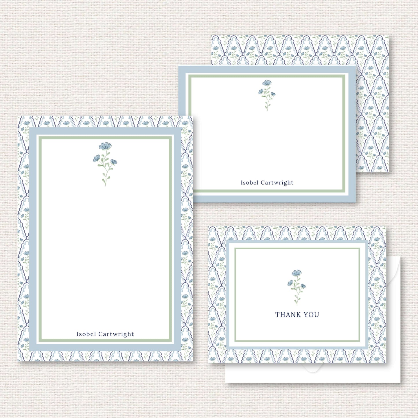 The Estelle Suite gift set includes a grand-millennial pattern applied to a personalized notepad, personalized flat not, and thank you cards