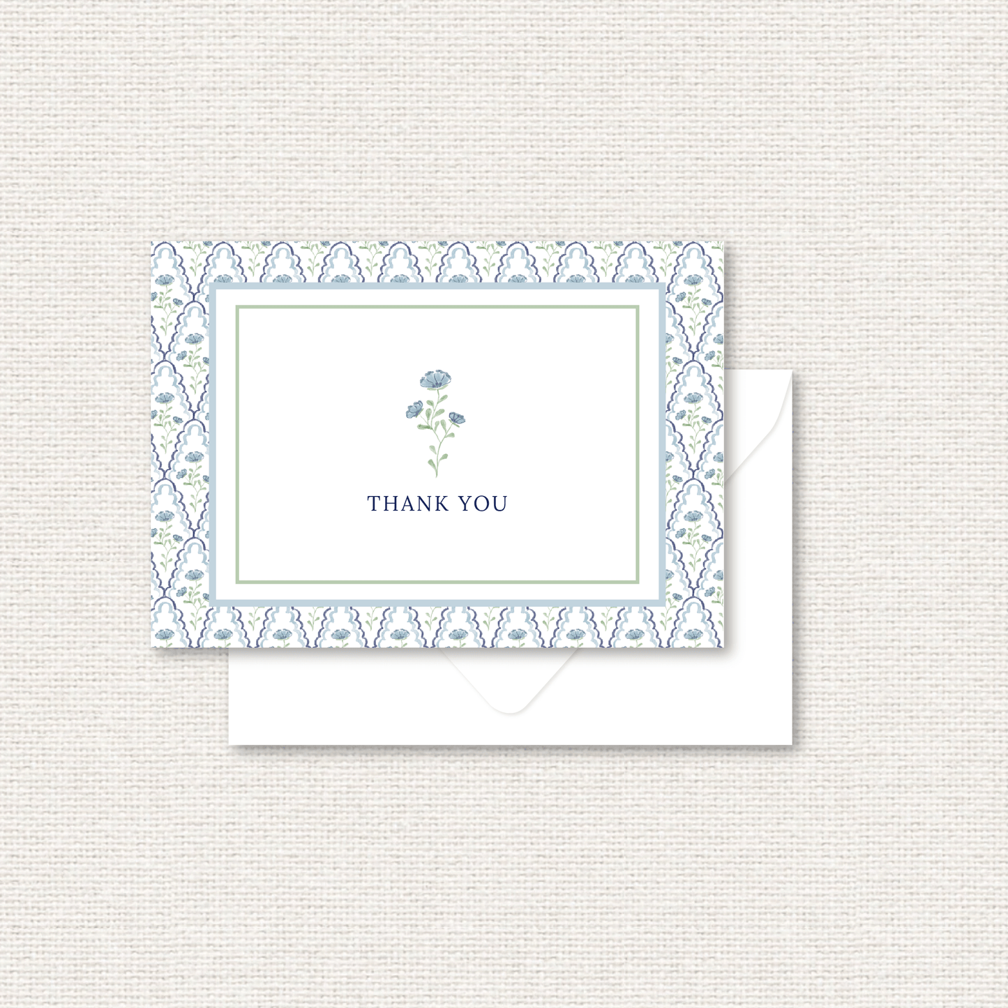The Estelle Suite thank you card, a grand-millennial pattern of blue flowers with scalloped lattice