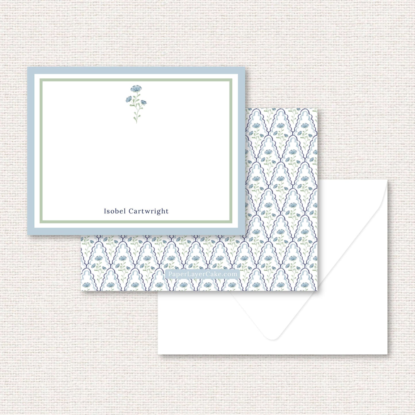 The Estelle Suite personalized flat note, a grand-millennial pattern of blue flowers with scalloped lattice
