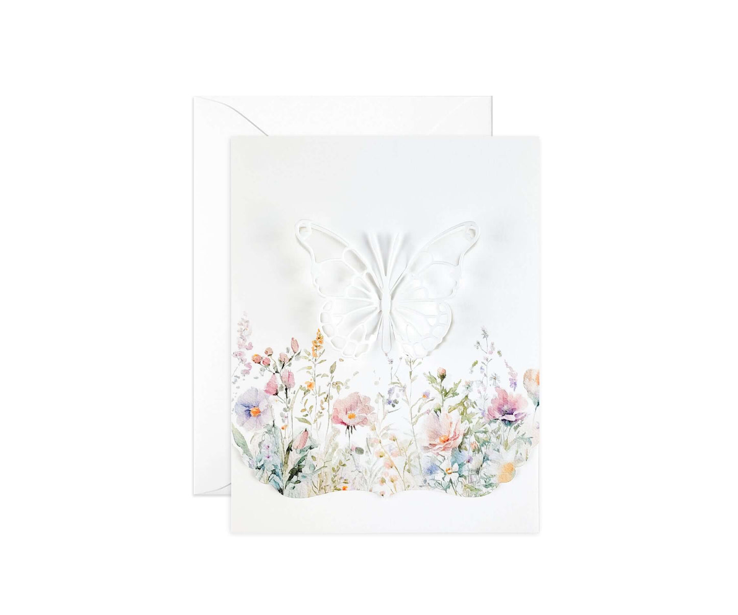 Die cut butterfly in a field of wildflowers with a decorative edge