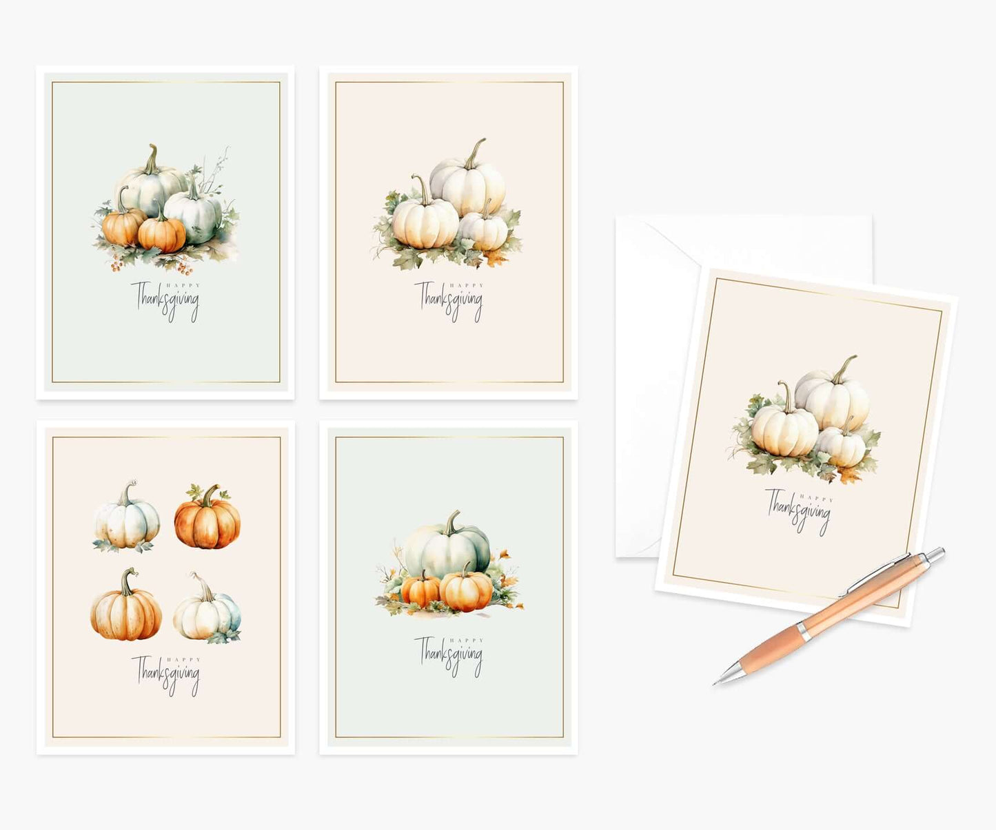 Set of 4 Thanksgiving cards with festive watercolor pumpkins