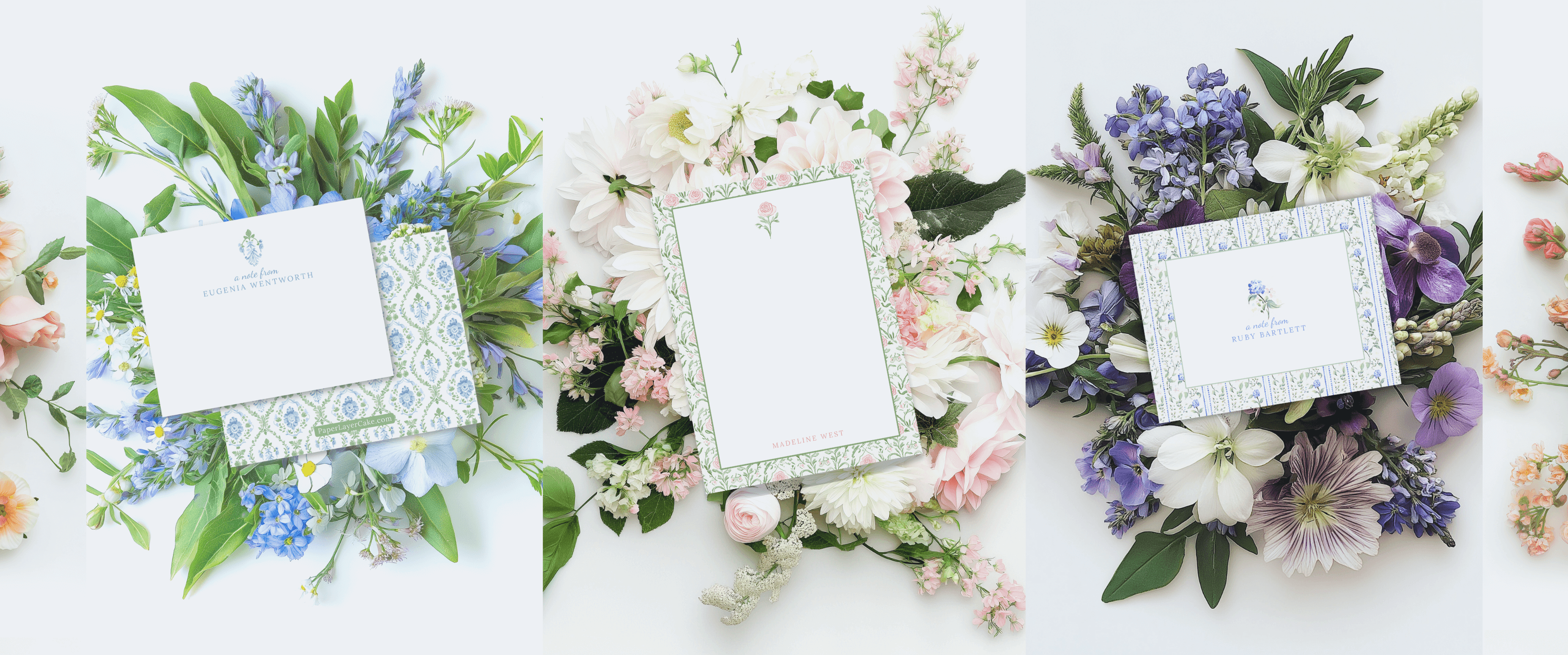3 flat lays of personalized stationery, flat notes, notepads, and folded note cards