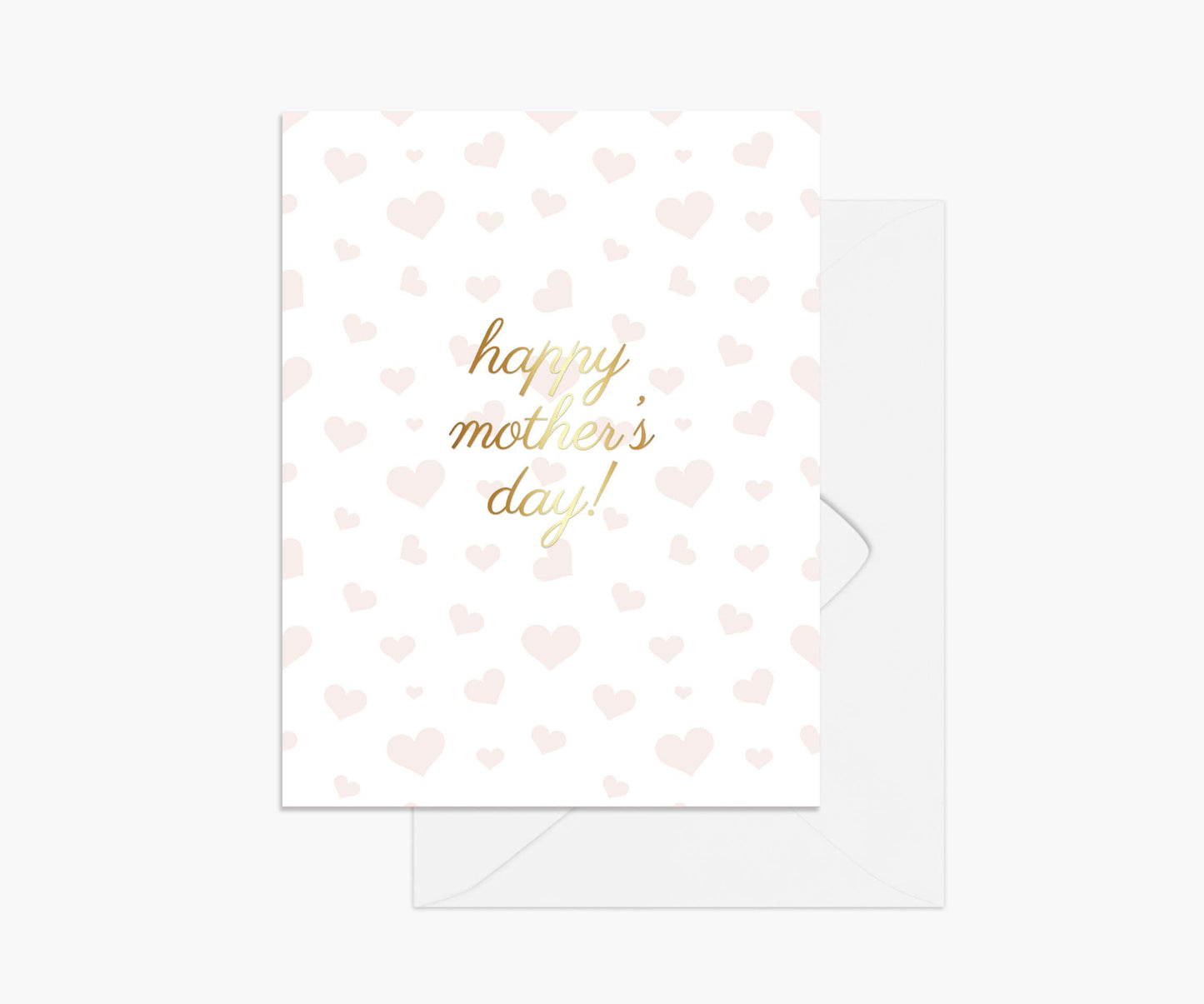 Happy Mother's Day in gold foil on a background pattern of watercolor pink hearts