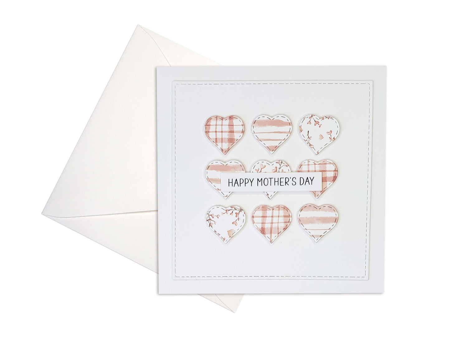 Happy Mothers Day card, square, with 9 hearts of different pink patterns of watercolor gingham, horizontal stripes and botanicals