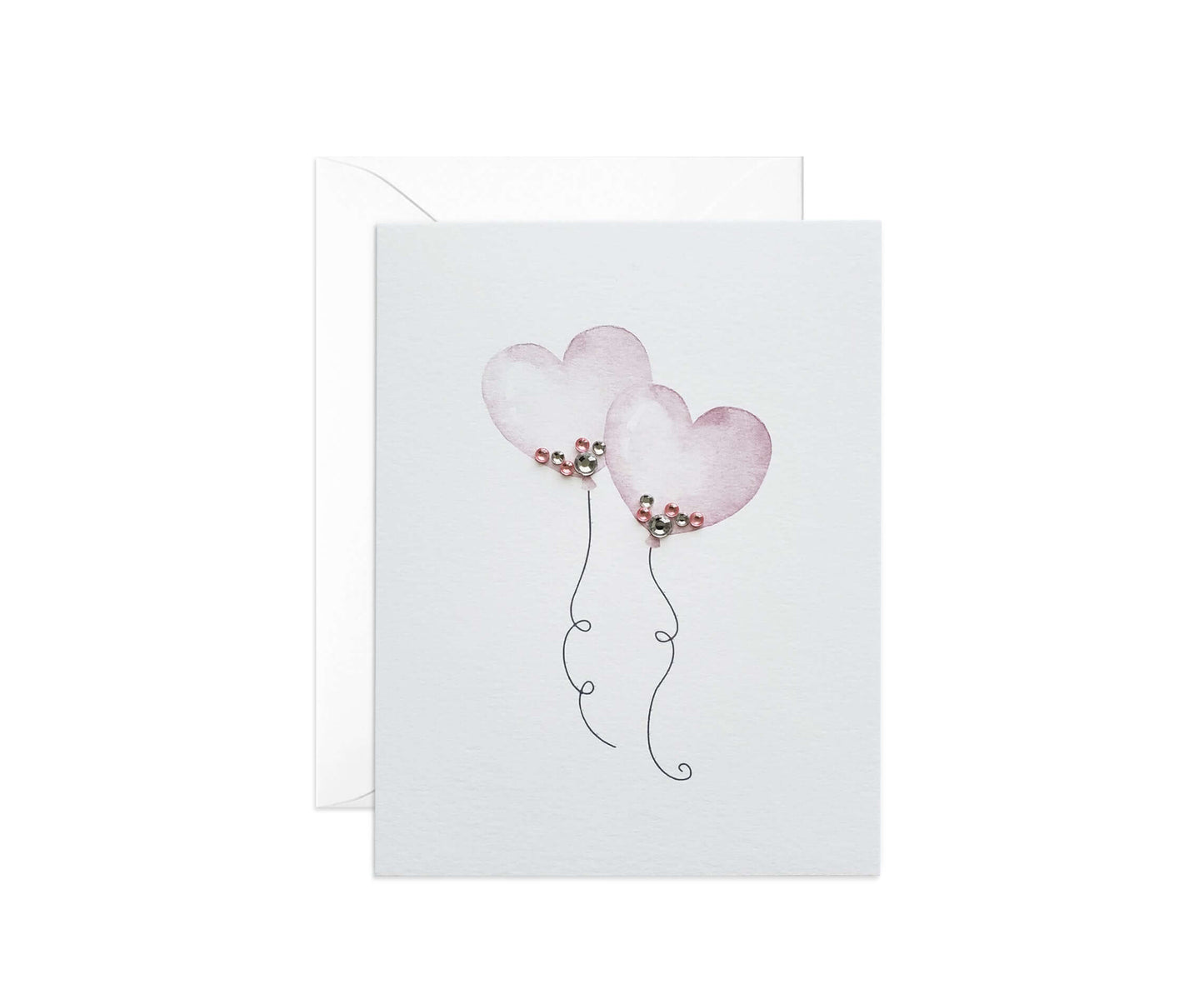 2 Watercolor heart balloons with pink and silver gemstones