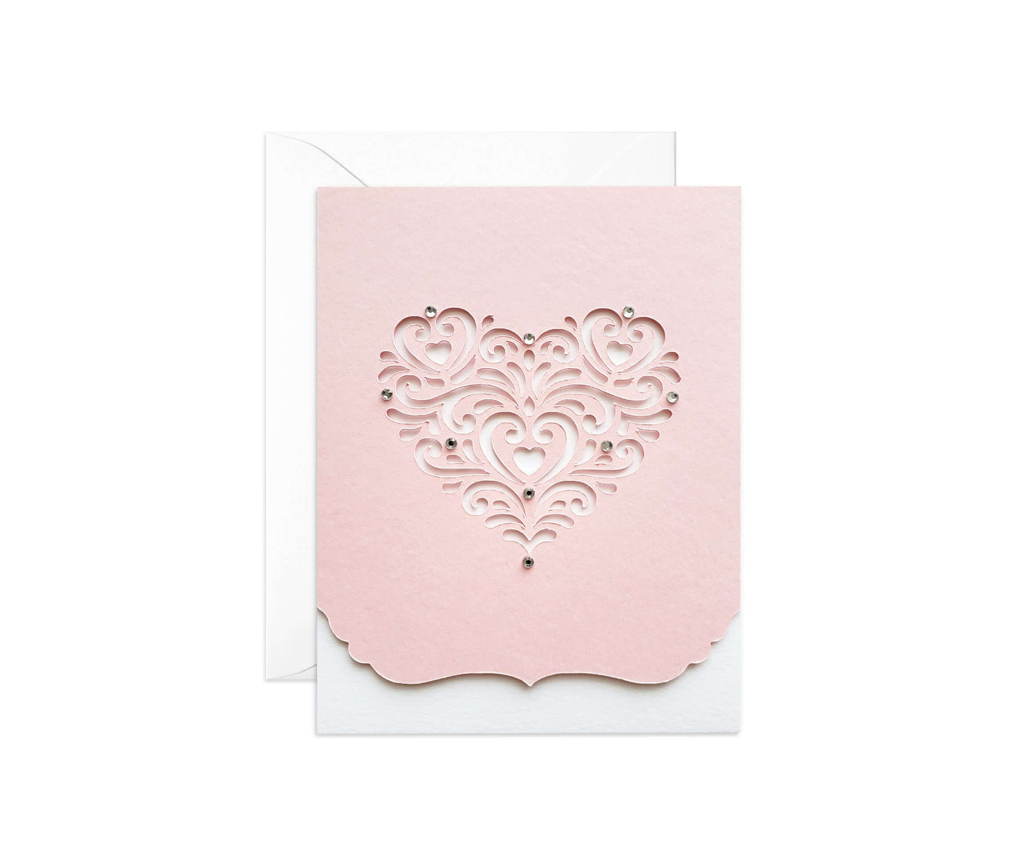 Die cut pink lace heart Valentine's Day card with silver gems