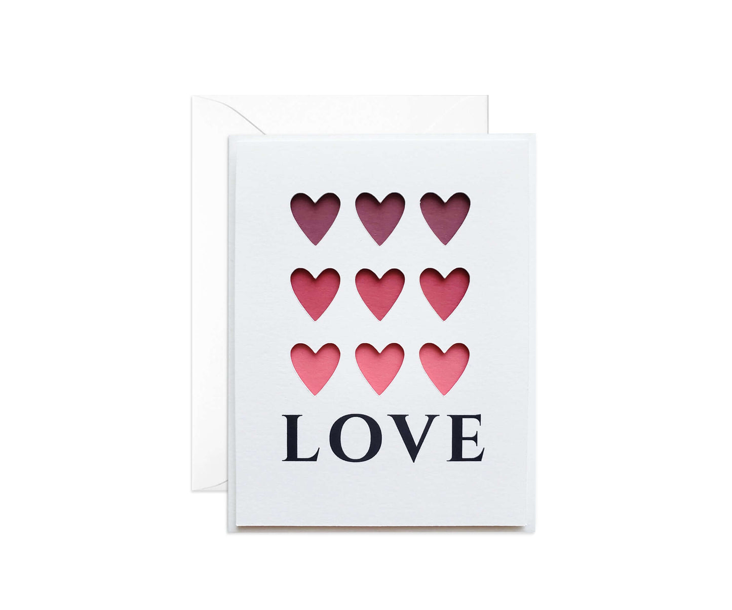 9 Die cut hearts with a pink gradient background with the word LOVE below.