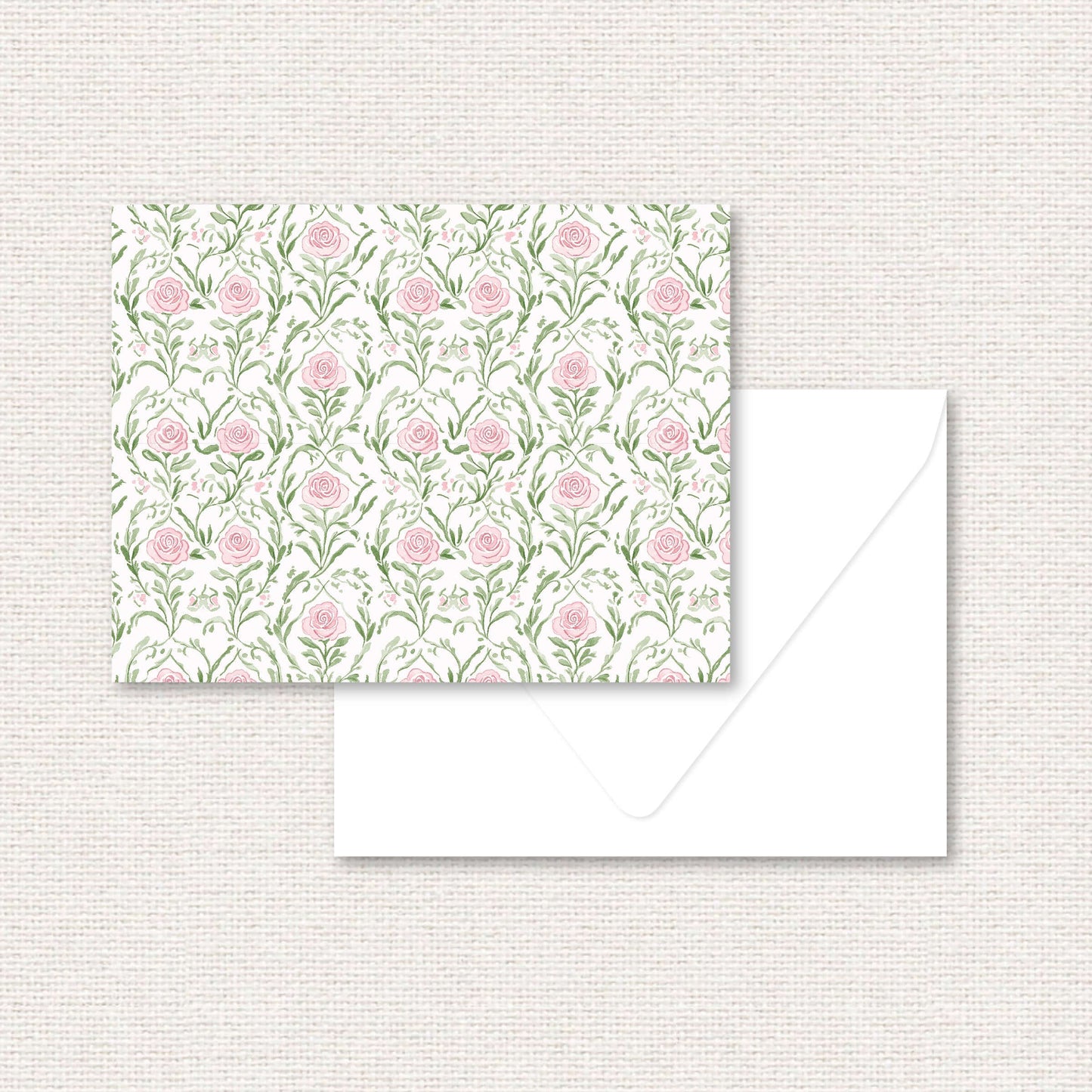 The Rosemary Suite standard note card, a grand-millennial pattern of pink roses and greenery