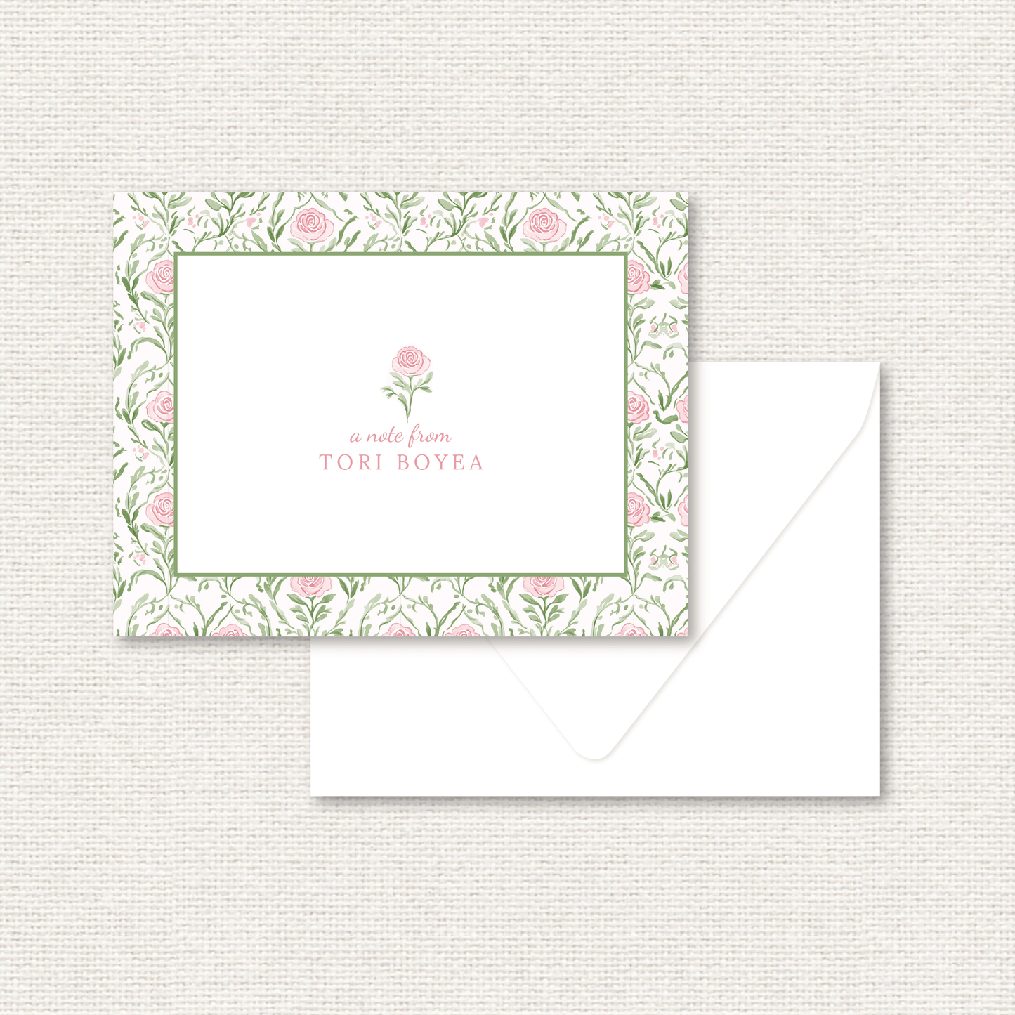 The Rosemary Suite personalized note card, a grand-millennial pattern of pink roses and greenery