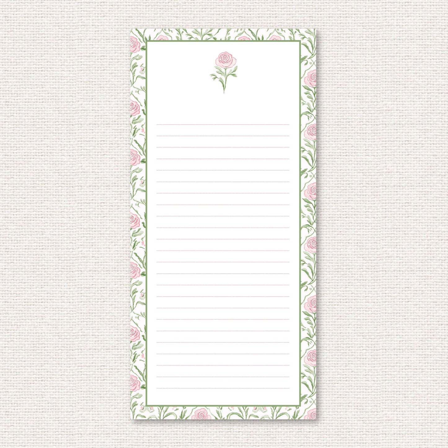 The Rosemary Suite list pad, a grand-millennial pattern of pink roses and greenery