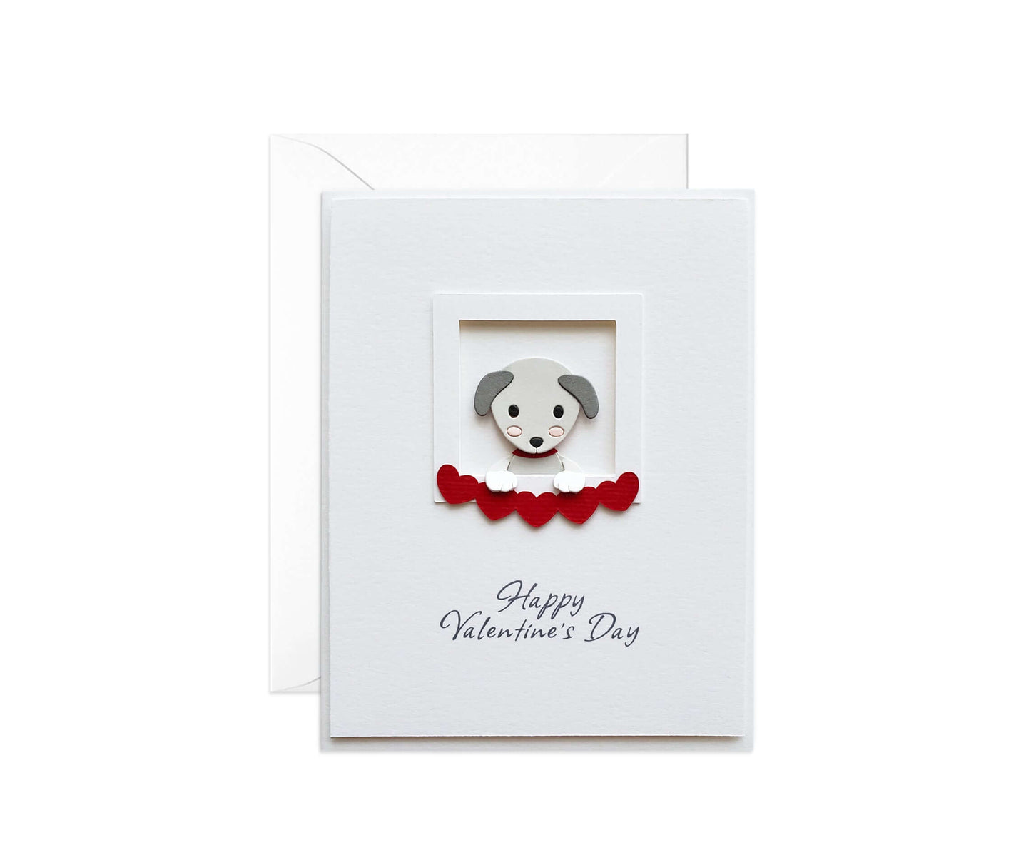 Die cut puppy in a window holding a heart banner, Happy Valentine's Day