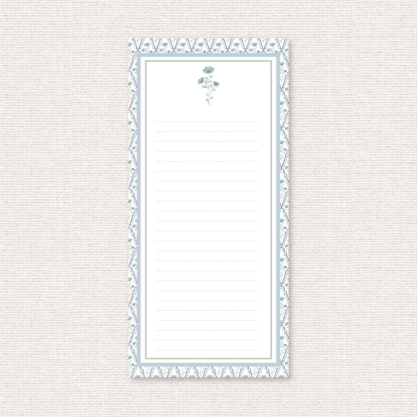 The Estelle Suite list pad, a grand-millennial pattern of blue flowers with scalloped lattice