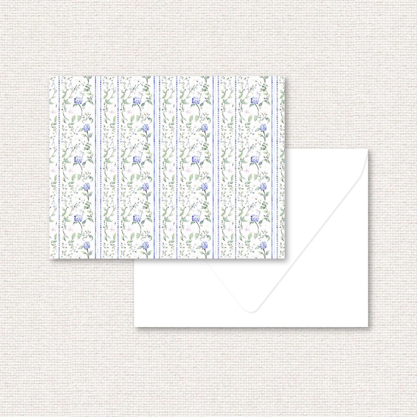 The Eloise Suite standard note card, blue hydrangeas and pink flowers with dotted vertical lines
