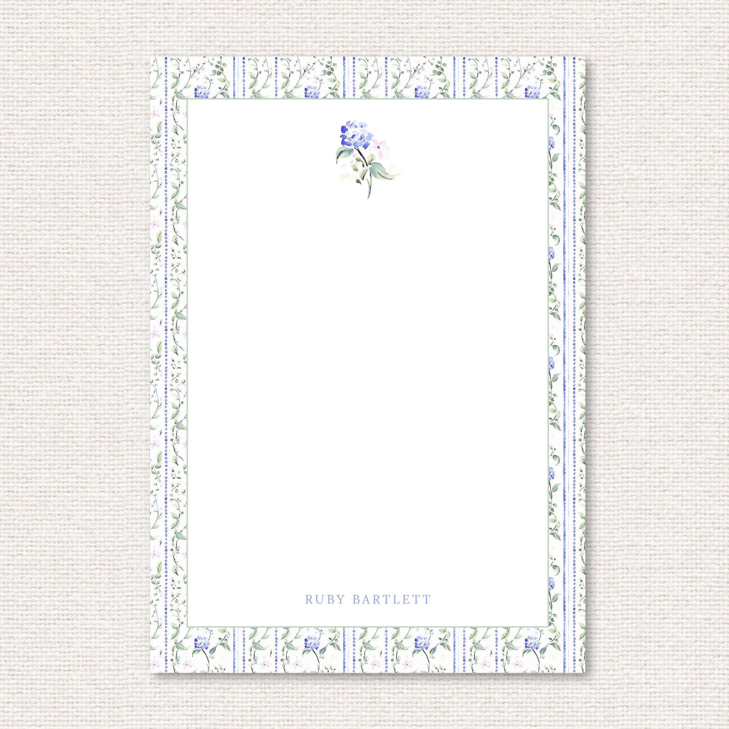 The Eloise Suite personalized notepad, blue hydrangeas and pink flowers with dotted vertical lines