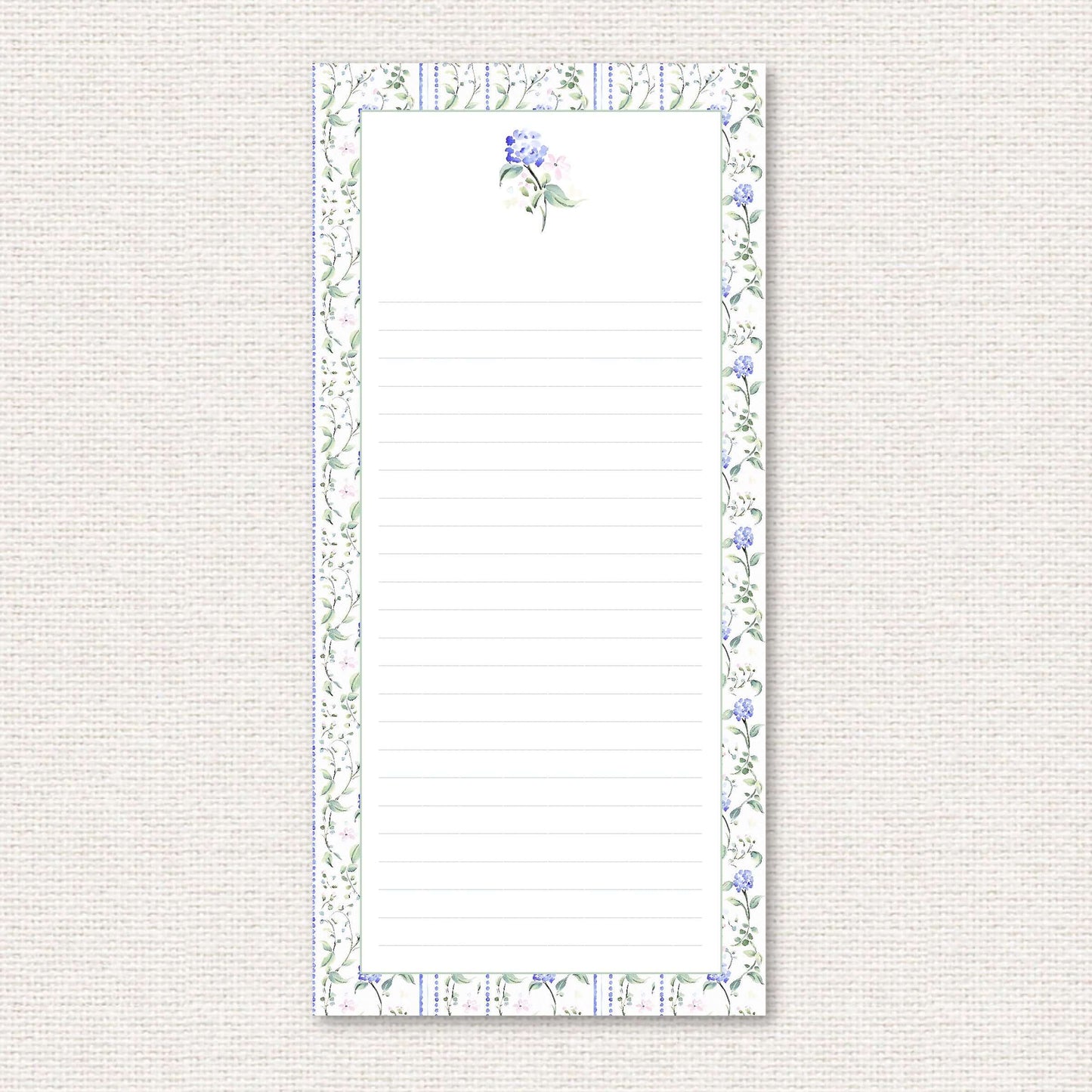 The Eloise Suite list pad, blue hydrangeas and pink flowers with dotted vertical lines