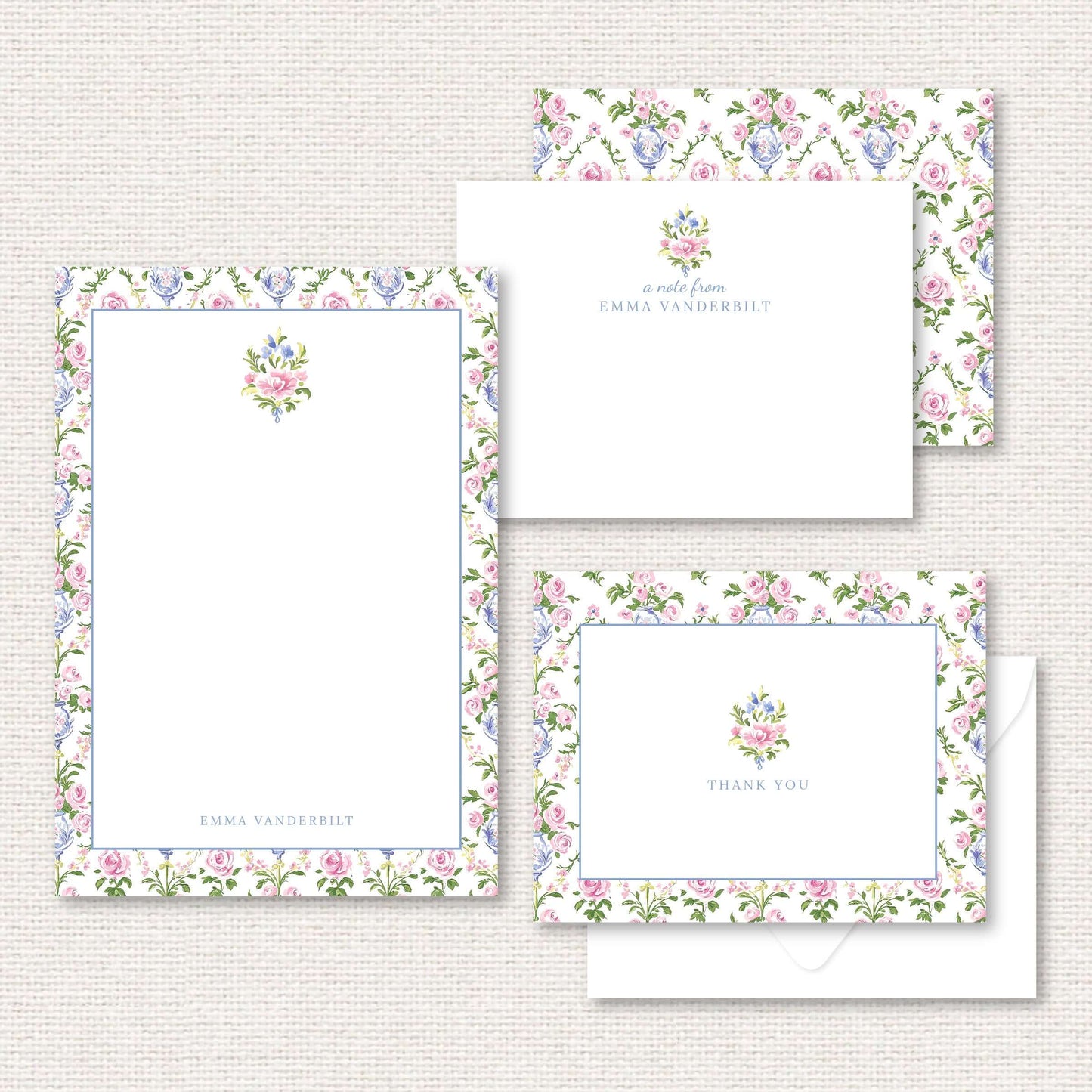 The Daphne Suite gift set includes a grand-millennial pattern applied to a personalized notepad, personalized flat not, and thank you cards