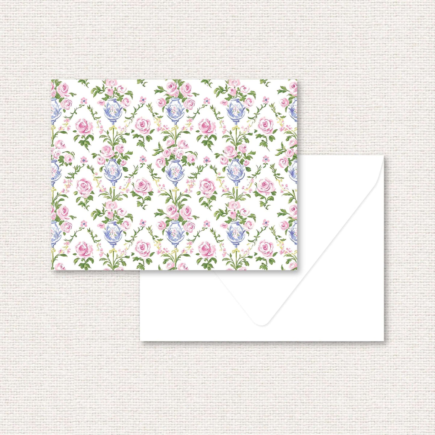The Daphne Suite standard note card, a grand-millennial pattern of pink and blue flowers in a blue vase