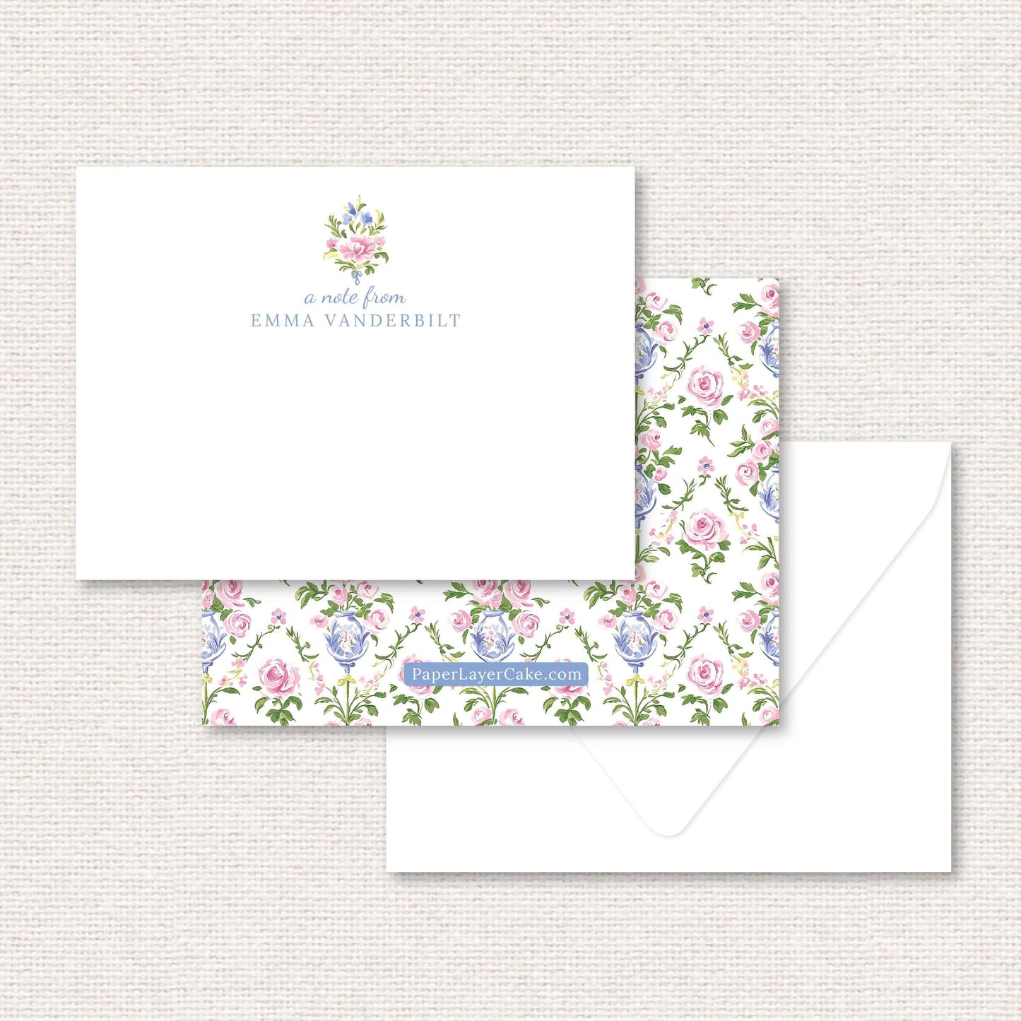 The Daphne flat note, a grand-millennial pattern of pink and blue flowers in a blue vase