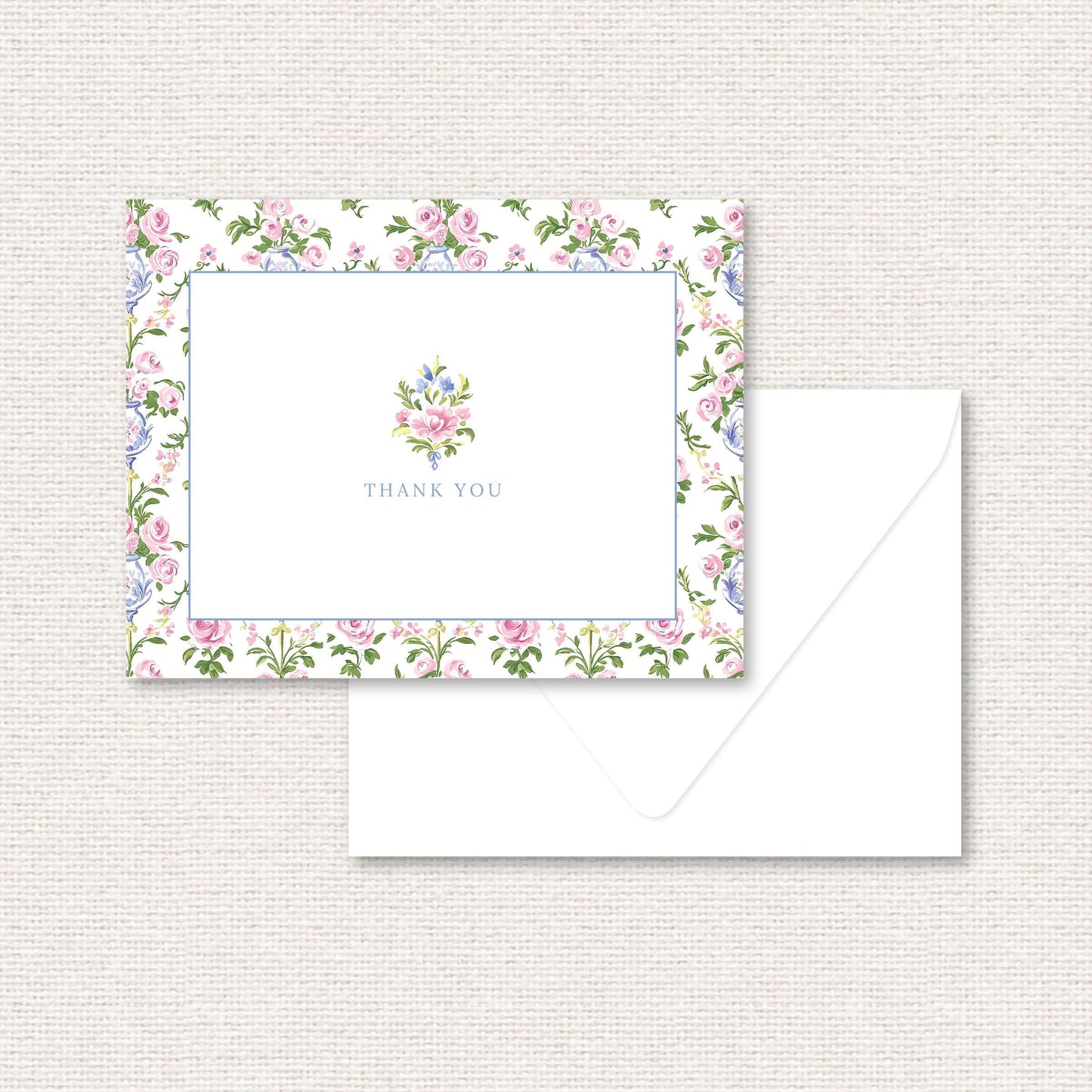 The Daphne thank you card, a grand-millennial pattern of pink and blue flowers in a blue vase