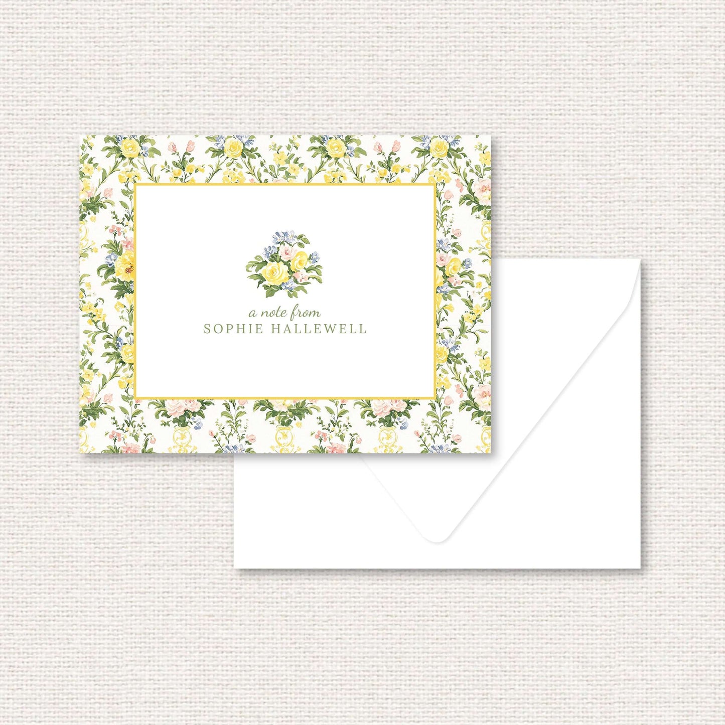The Penelope Suite personalized note card, a grand-millennial pattern of yellow, blue, and pink rose damask