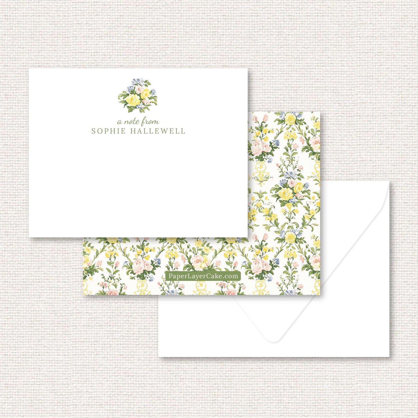 The Penelope Suite personalized flat note, a grand-millennial pattern of yellow, blue, and pink rose damask