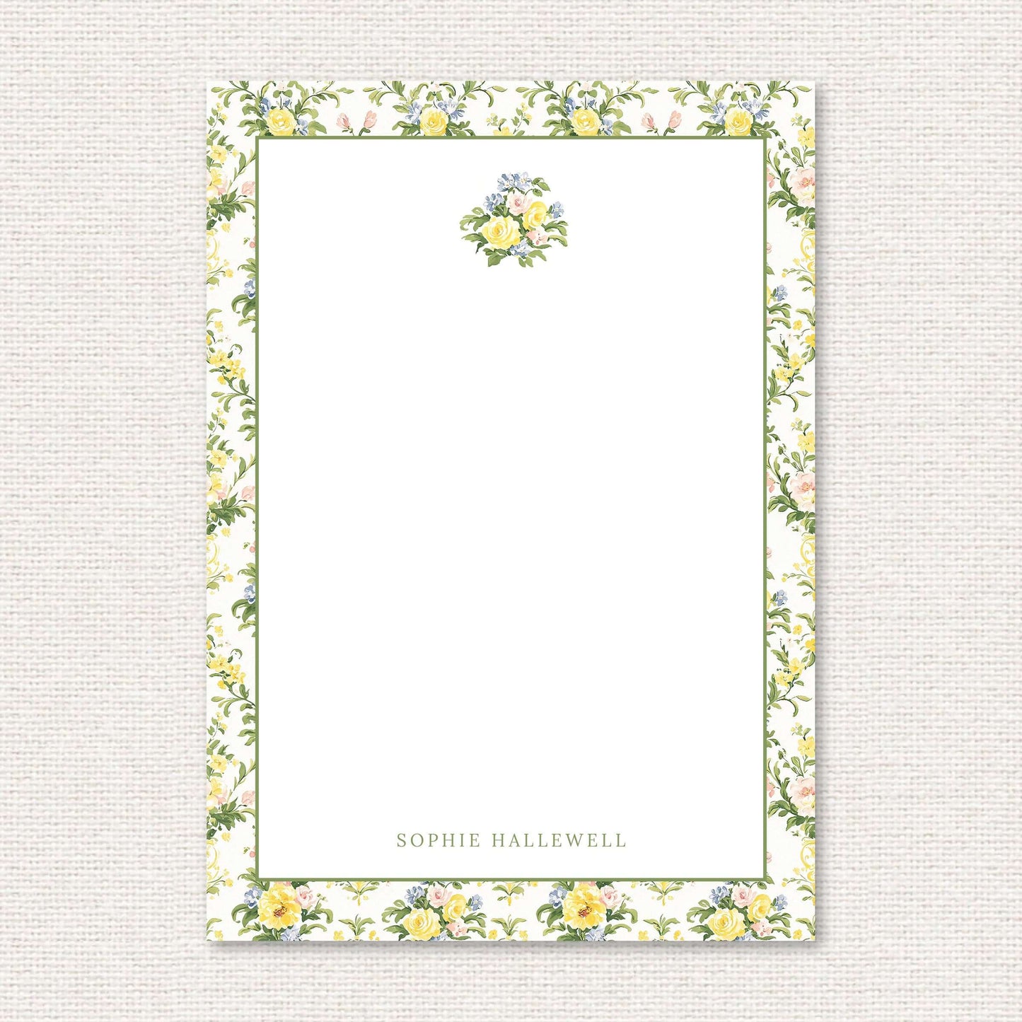 The Penelope Suite personalized notepad, a grand-millennial pattern of yellow, blue, and pink rose damask