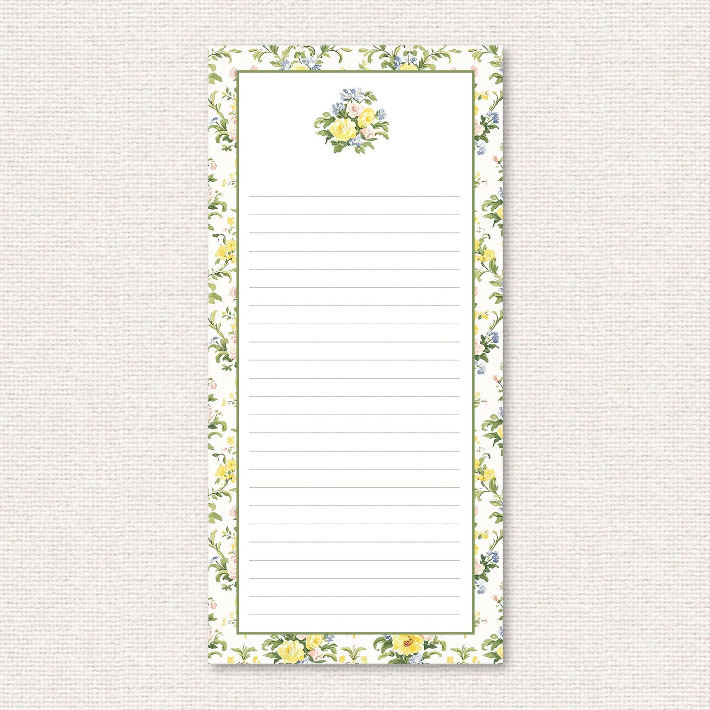 The Penelope Suite list pad, a grand-millennial pattern of yellow, blue, and pink rose damask