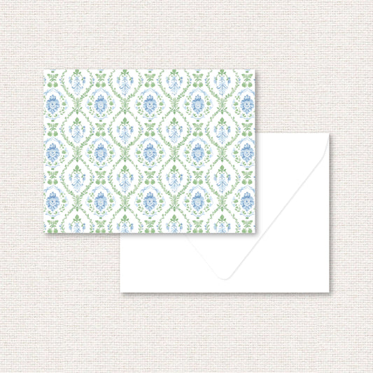 The Vera Suite standard note card, a grand-millennial pattern of a blue floral damask with greenery