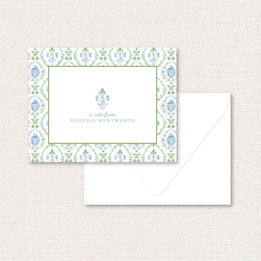 The Vera Suite personalized note card, a grand-millennial pattern of a blue floral damask with greenery
