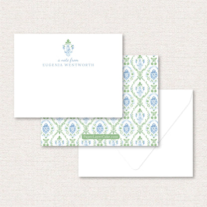 The Vera Suite personalized flat note, a grand-millennial pattern of a blue floral damask with greenery