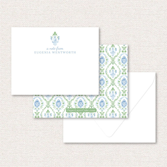 The Vera Suite personalized flat note, a grand-millennial pattern of a blue floral damask with greenery