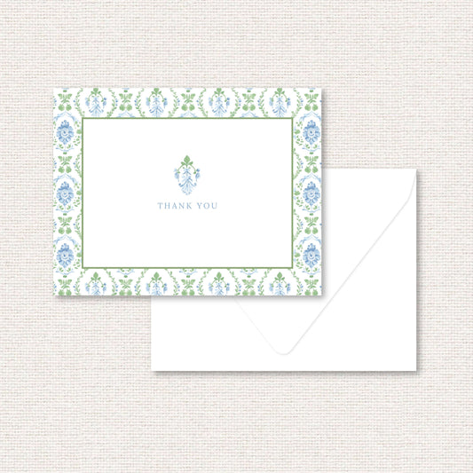 The Vera Suite thank you card, a grand-millennial pattern of a blue floral damask with greenery