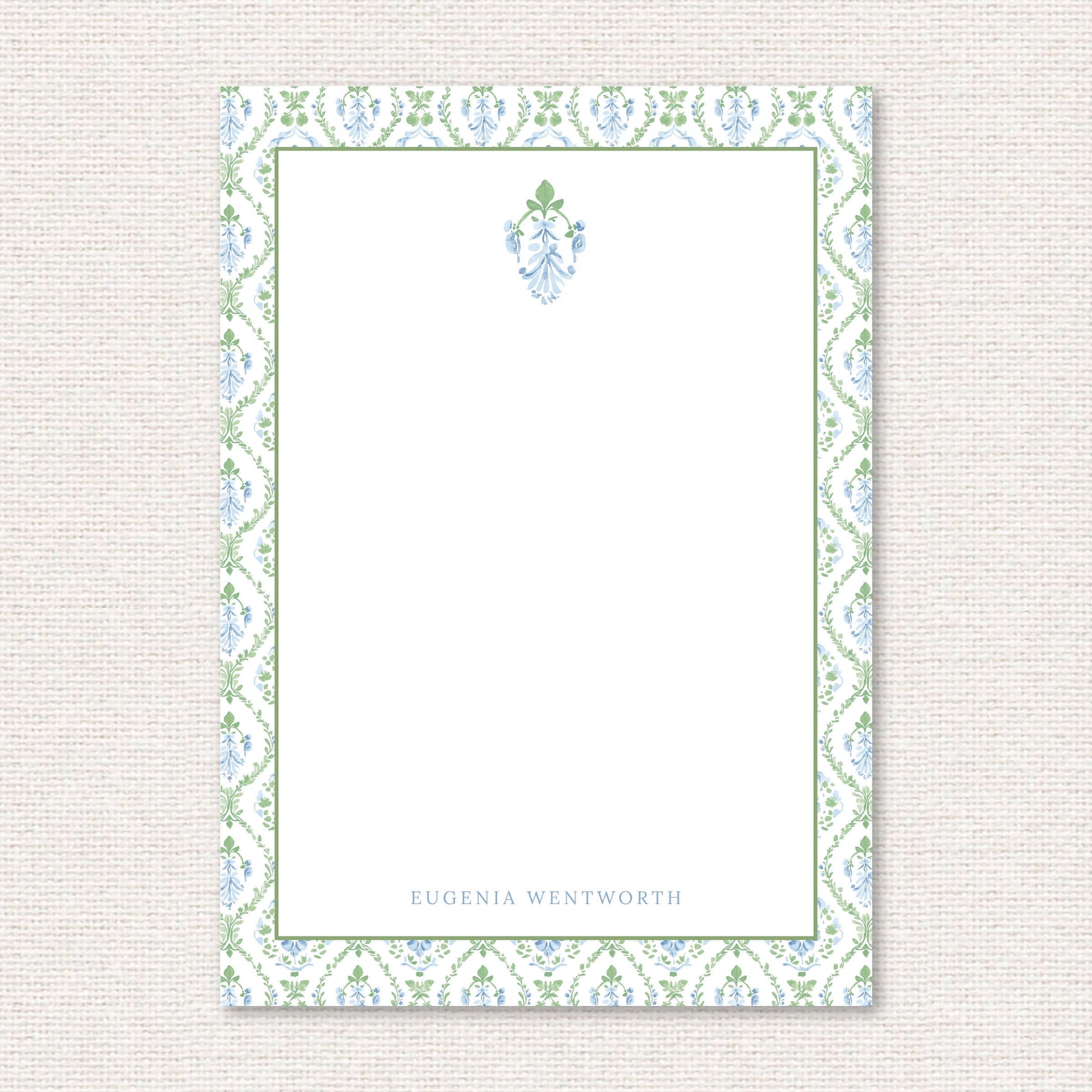 The Vera Suite personalized notepad, a grand-millennial pattern of a blue floral damask with greenery