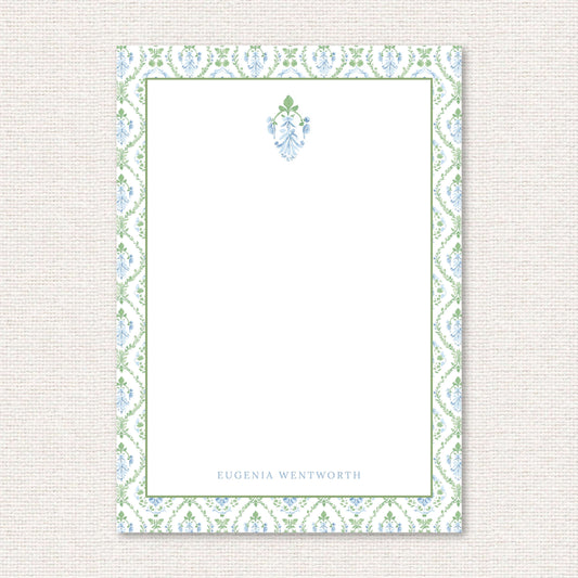 The Vera Suite personalized notepad, a grand-millennial pattern of a blue floral damask with greenery