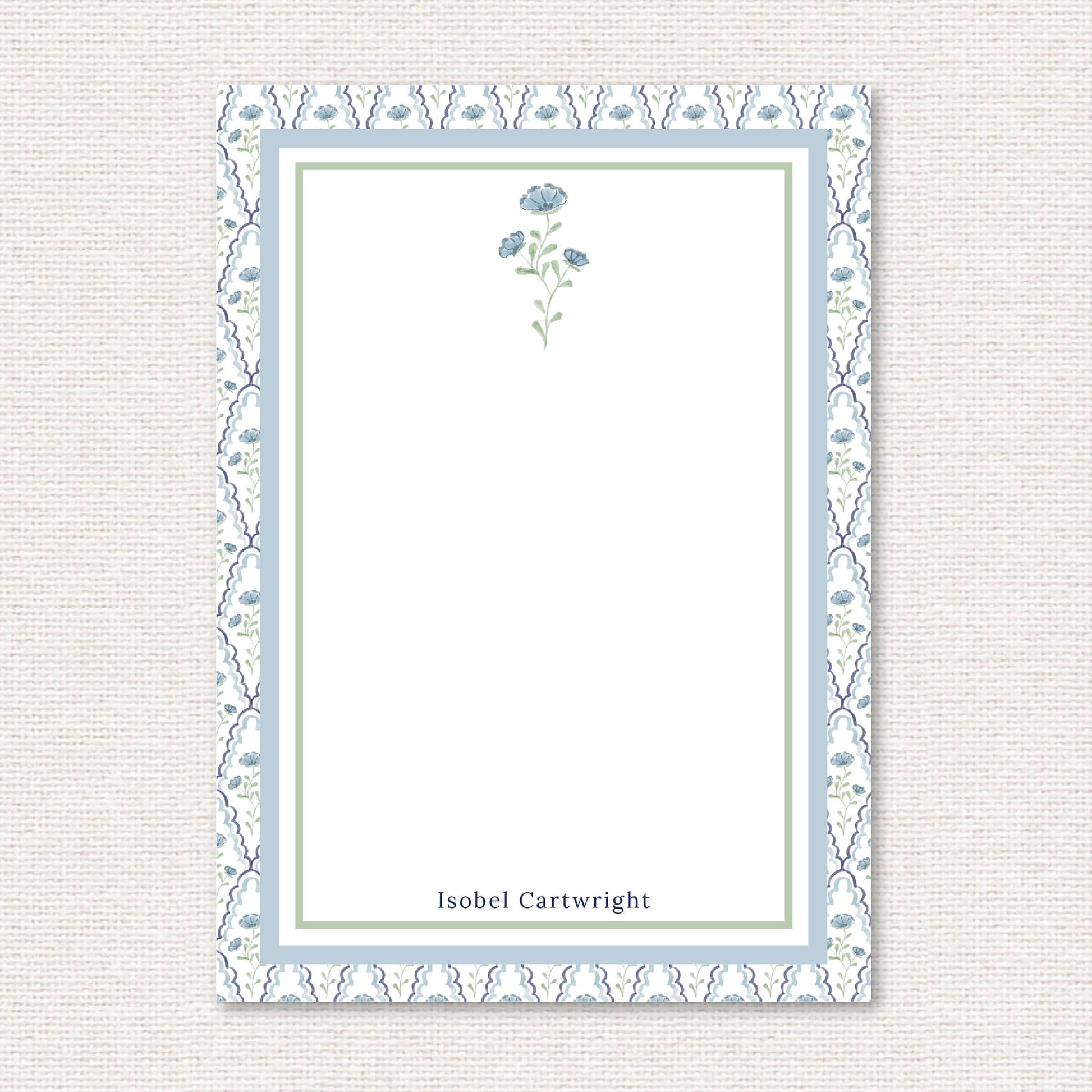 The Estelle Suite personalized notepad, a grand-millennial pattern of blue flowers with scalloped lattice