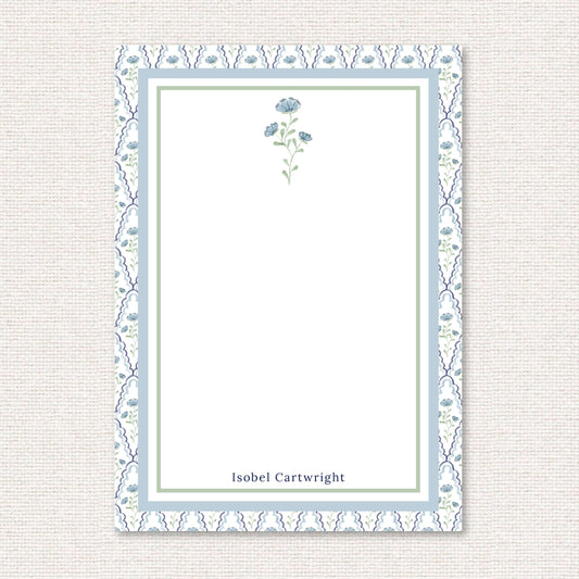 The Estelle Suite personalized notepad, a grand-millennial pattern of blue flowers with scalloped lattice