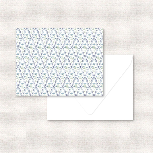 The Estelle Suite standard note card, a grand-millennial pattern of blue flowers with scalloped lattice