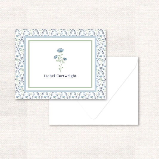 The Estelle Suite personalized note card, a grand-millennial pattern of blue flowers with scalloped lattice