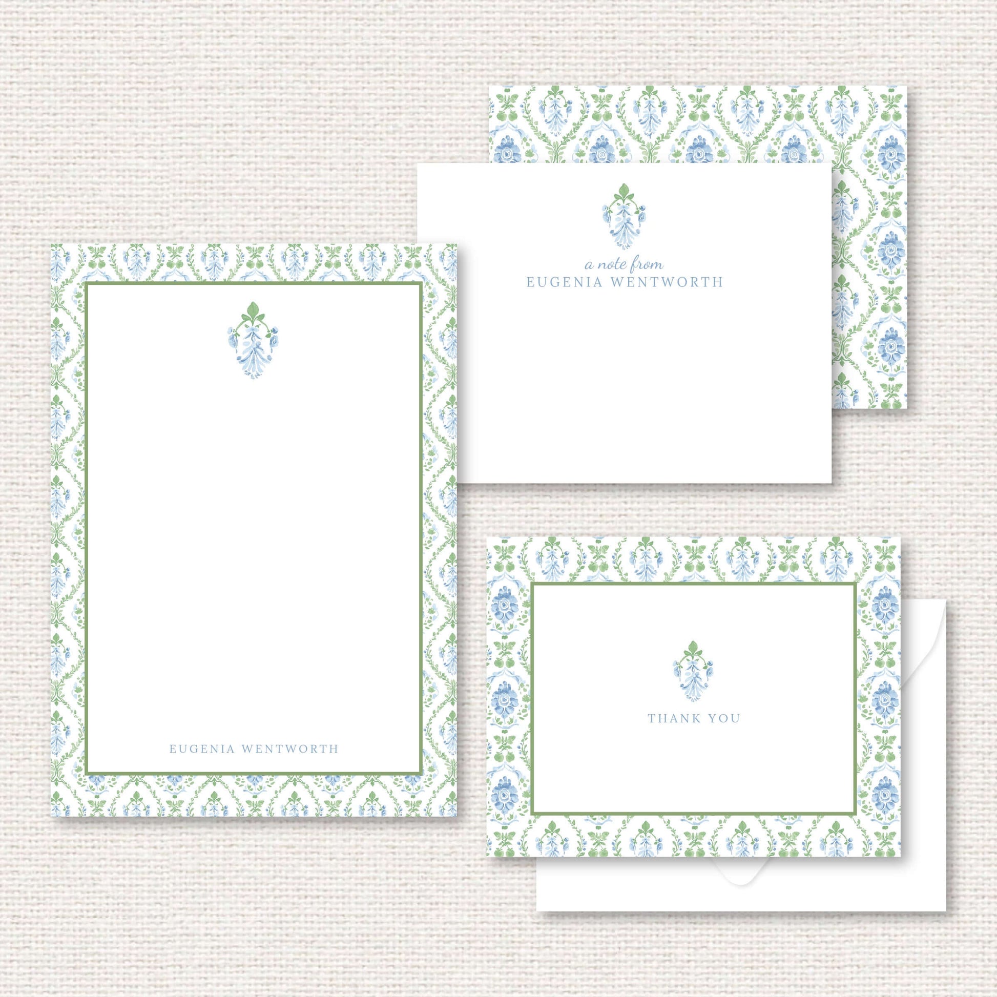 The Vera Suite gift set includes a grand-millennial pattern applied to a personalized notepad, personalized flat not, and thank you cards