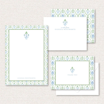 The Vera Suite gift set includes a grand-millennial pattern applied to a personalized notepad, personalized flat not, and thank you cards