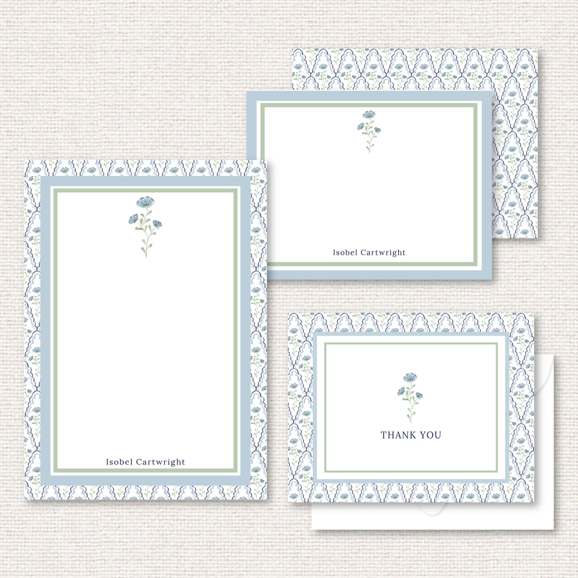 The Estelle Suite gift set includes a grand-millennial pattern applied to a personalized notepad, personalized flat not, and thank you cards