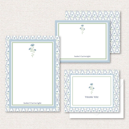 The Estelle Suite gift set includes a grand-millennial pattern applied to a personalized notepad, personalized flat not, and thank you cards