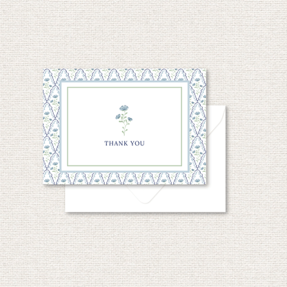 The Estelle Suite thank you card, a grand-millennial pattern of blue flowers with scalloped lattice