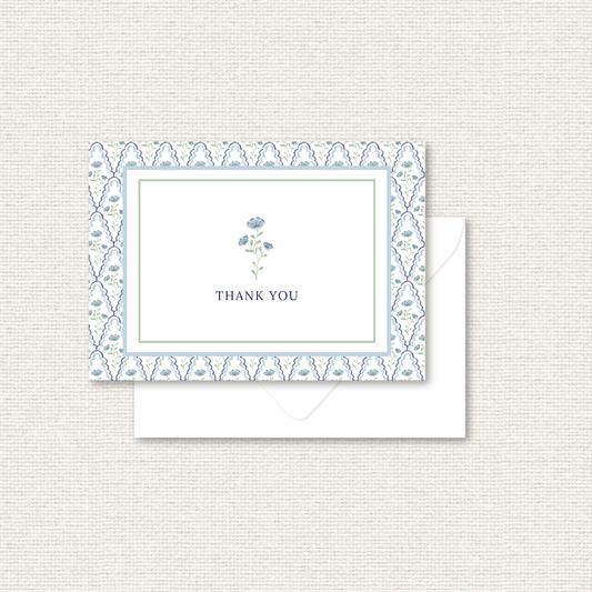 The Estelle Suite thank you card, a grand-millennial pattern of blue flowers with scalloped lattice