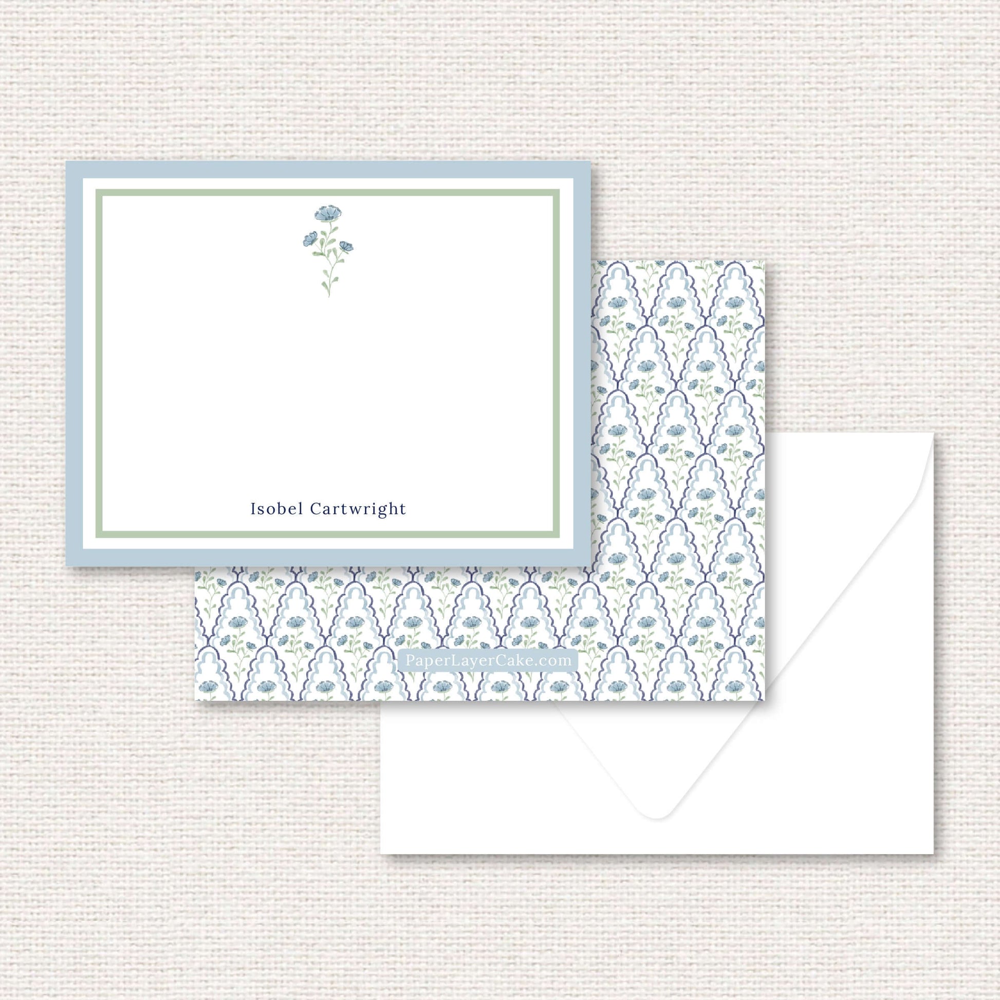 The Estelle Suite personalized flat note, a grand-millennial pattern of blue flowers with scalloped lattice